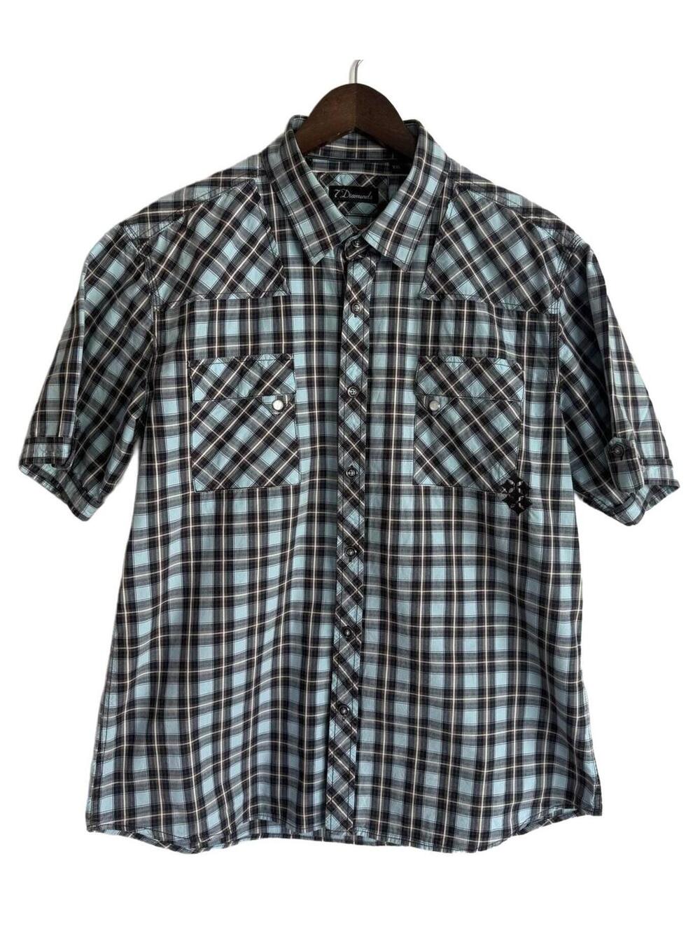 7 Diamonds Plaid Western Shirt Blue Black Brown Pearl Snap Short Sleeve Mens XXL